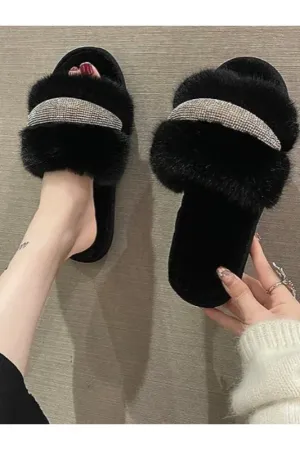 Black Cubic Point Fur Comfy Slippers