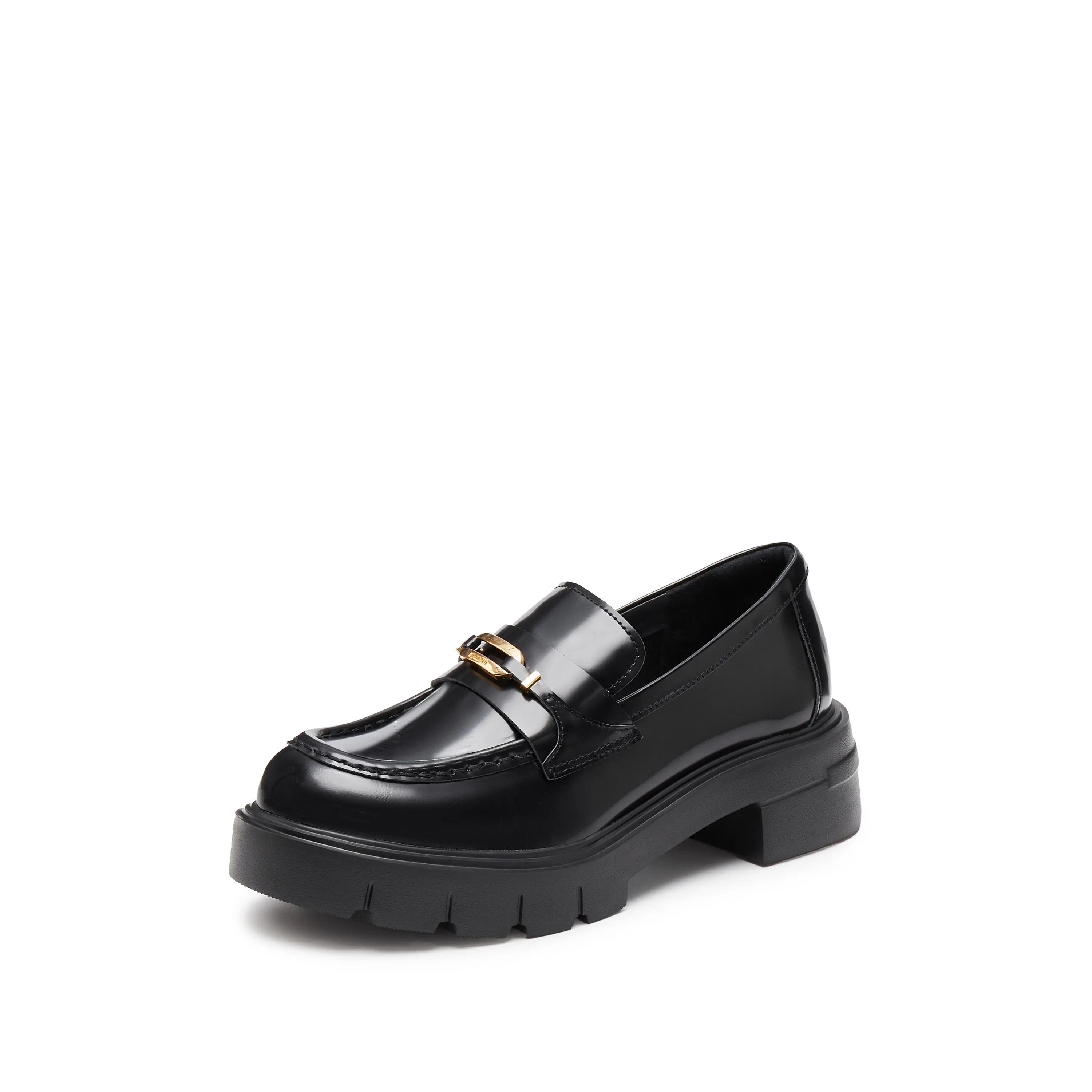 Black Signature Golden Ring Leaf Leather Loafers