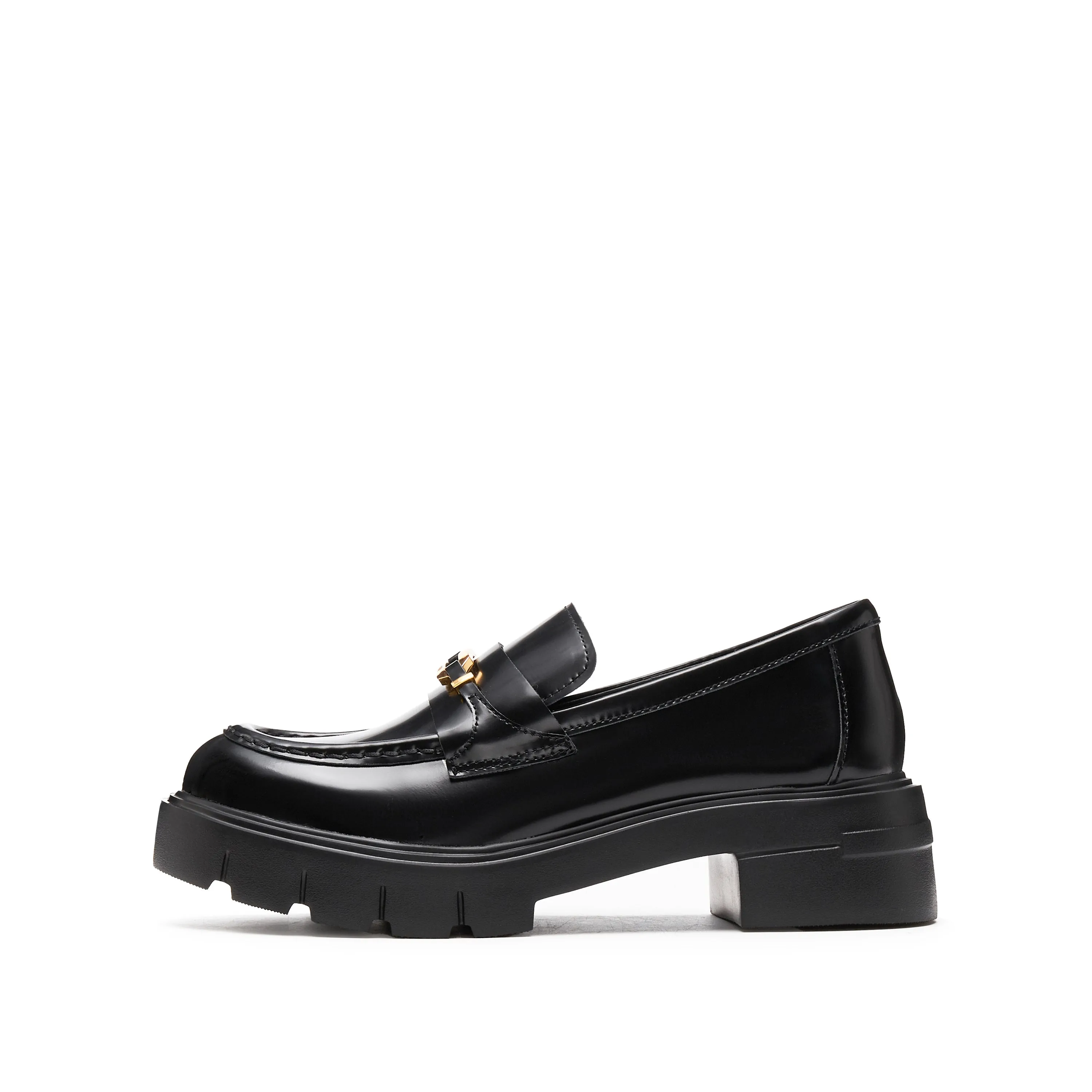 Black Signature Golden Ring Leaf Leather Loafers