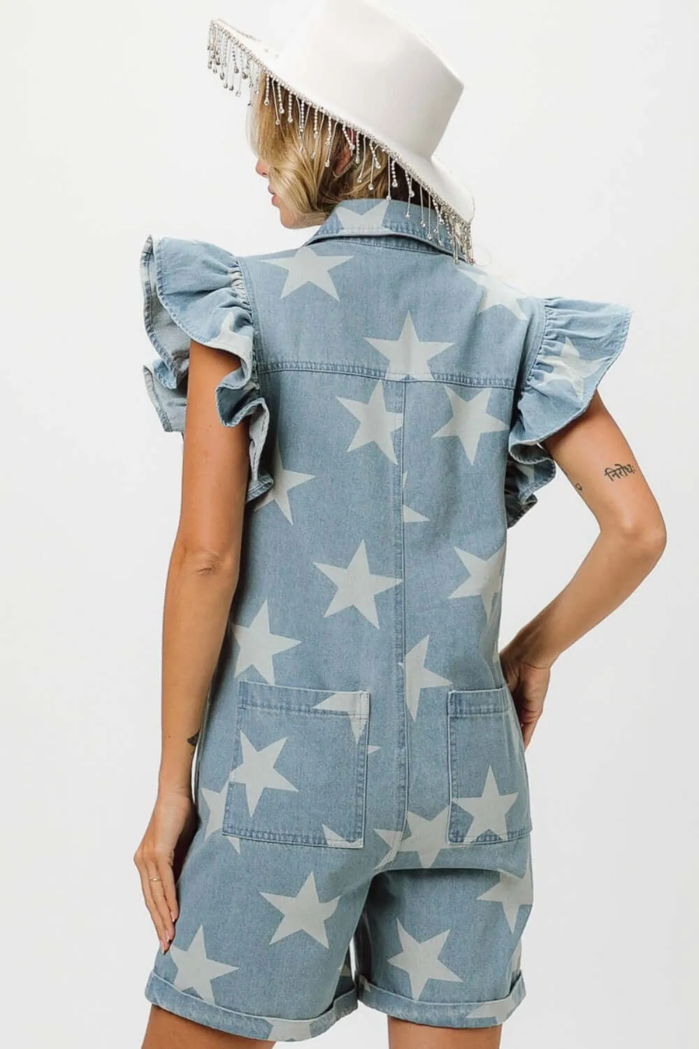 Blue Ruffled Star Half Zip Denim Romper