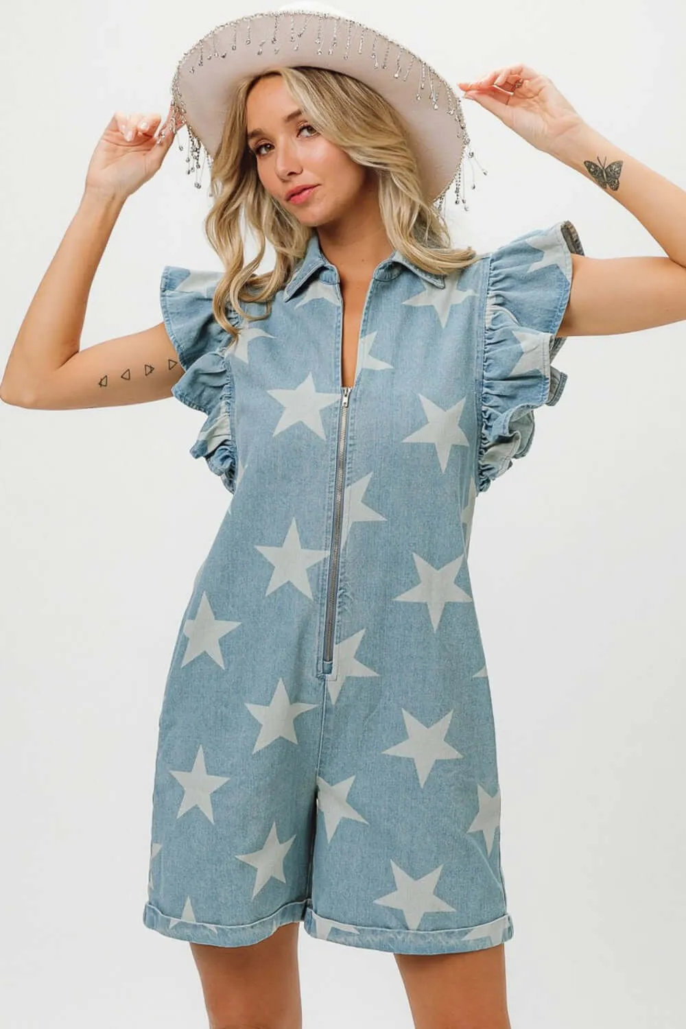 Blue Ruffled Star Half Zip Denim Romper