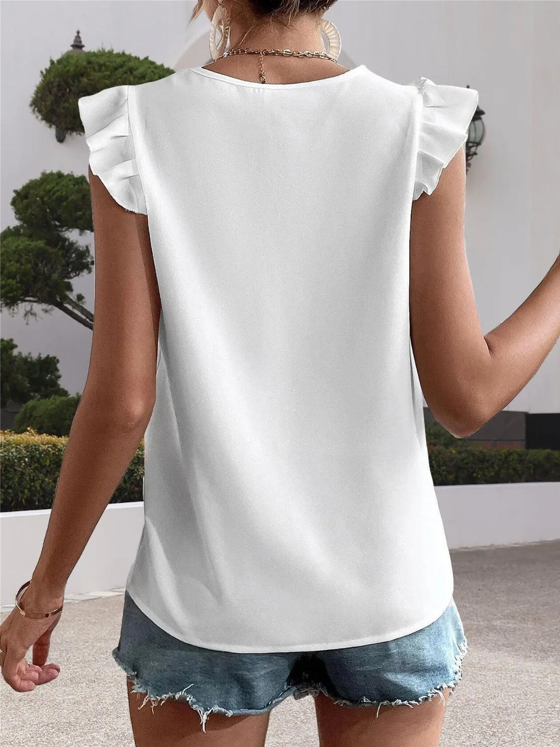 Casual Fab Flutter Sleeve Lace Trim V Neck Blouse