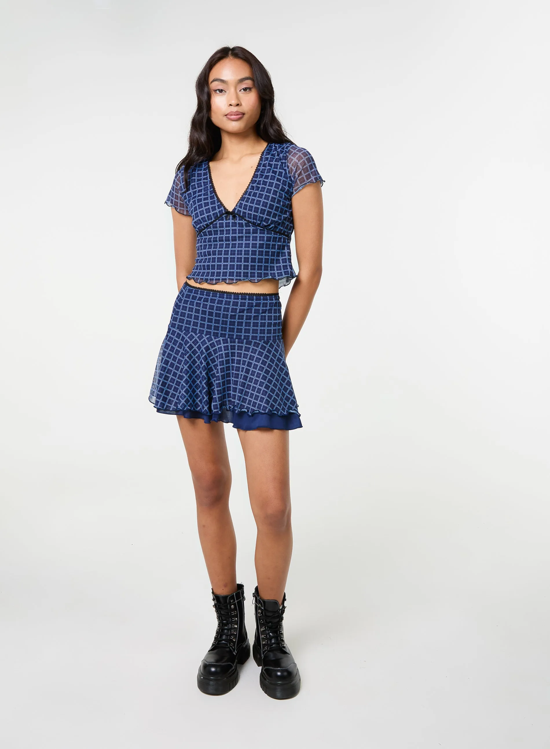 Check Ruffle Mini Skirt