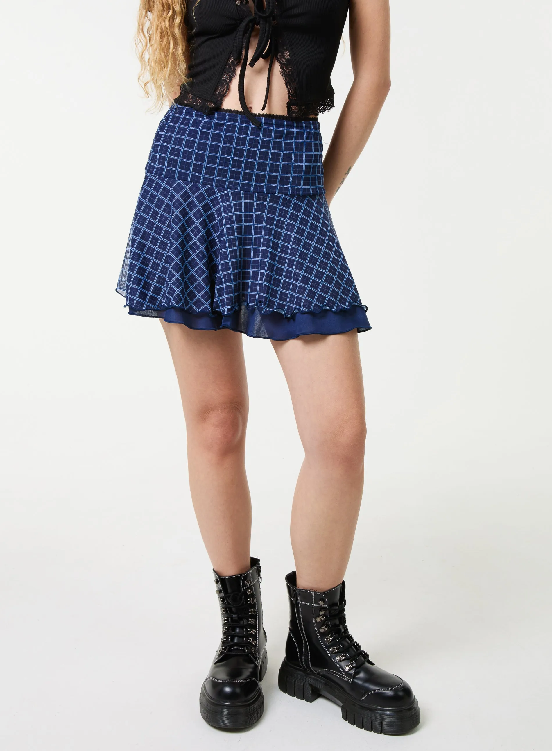 Check Ruffle Mini Skirt