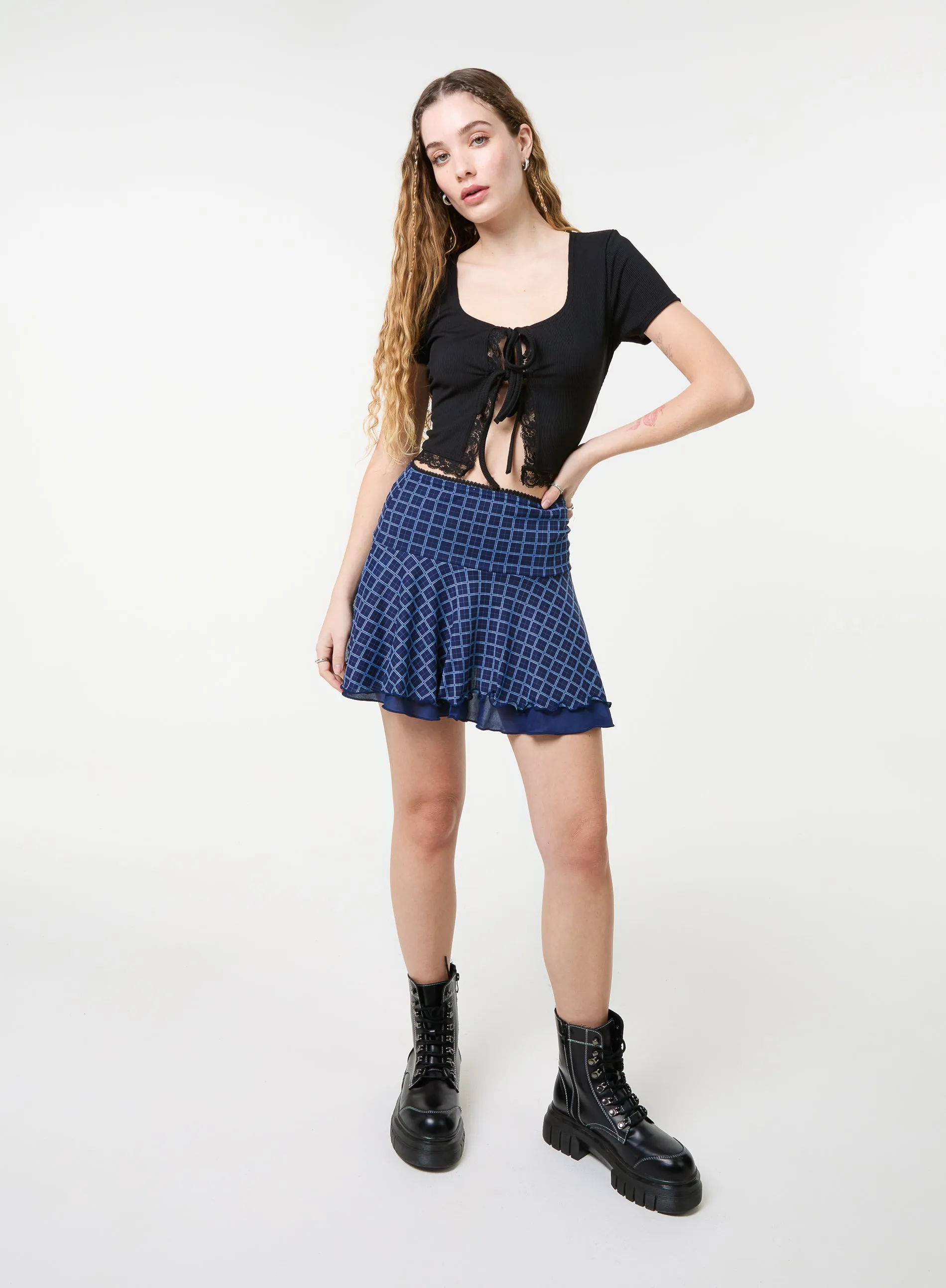 Check Ruffle Mini Skirt