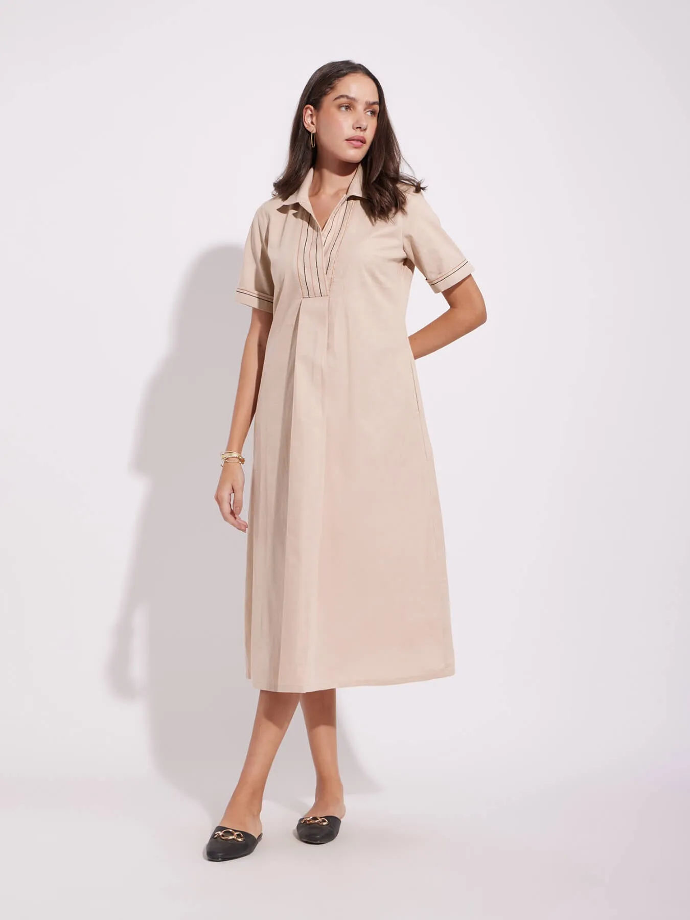 Cotton Solid A-Line Shirt Dress - Beige