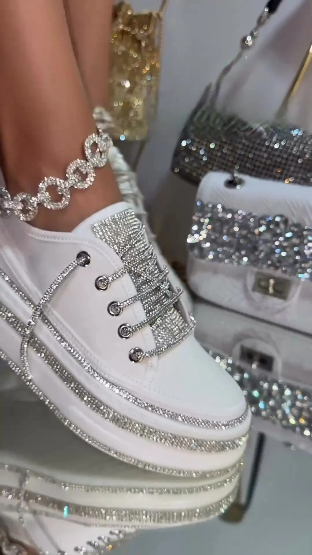 Crystal Stone Linen Platform Sneakers