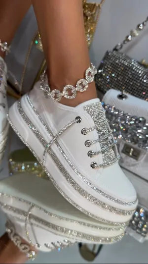 Crystal Stone Linen Platform Sneakers
