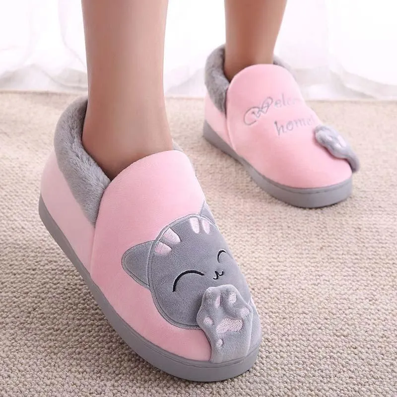 Cute cat slippers push warm winter house shoes
