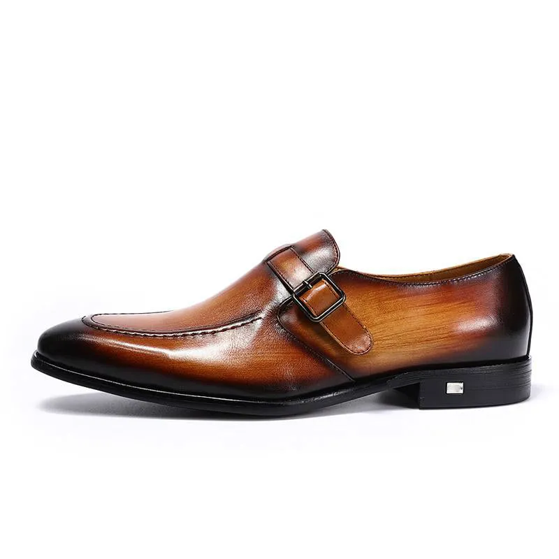 Elegant Handmade Pointed Toe Brown Leather Buckle Strap Men Loafer Shoes