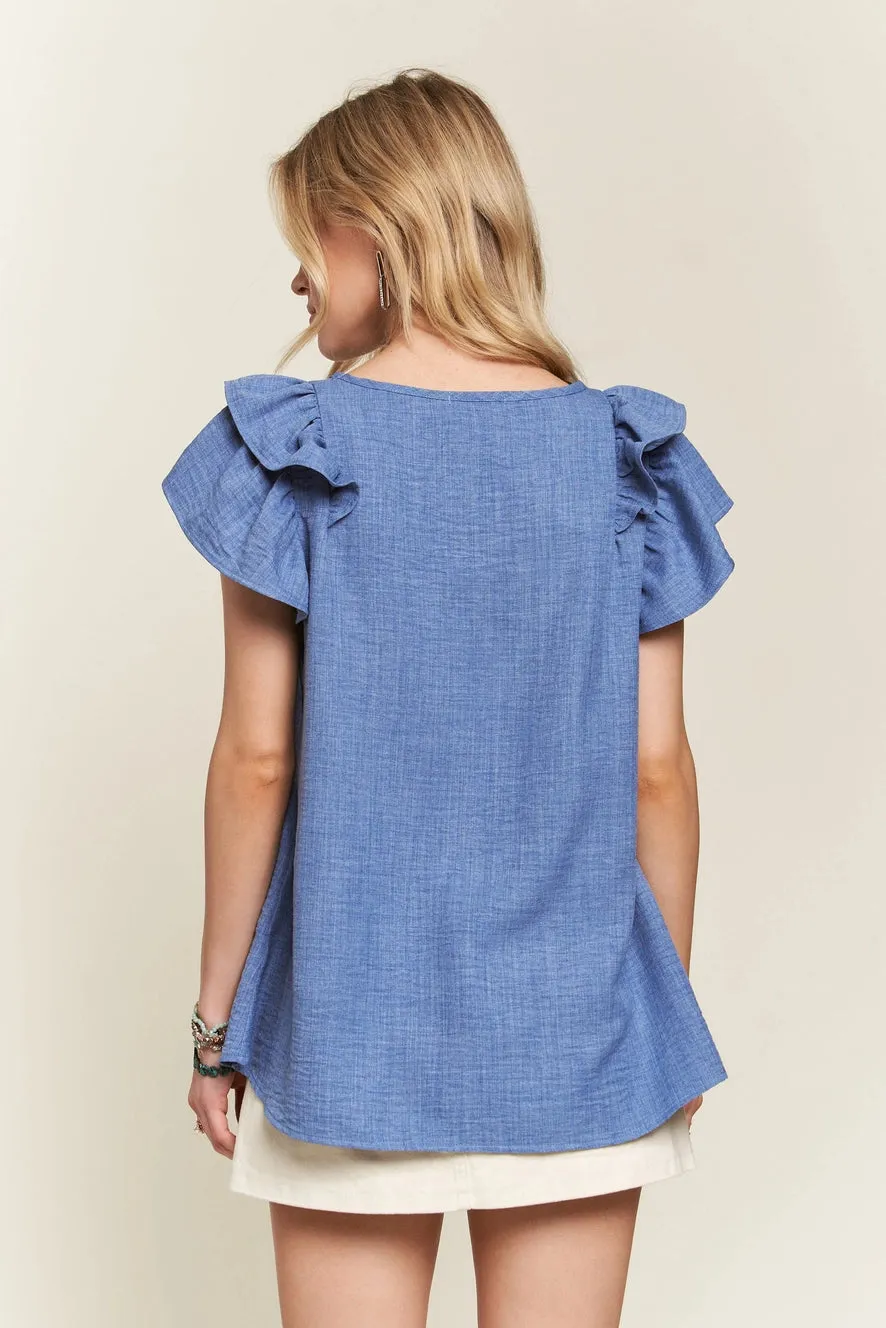 Francesca Layered Ruffle Sleeve Linen Blouse