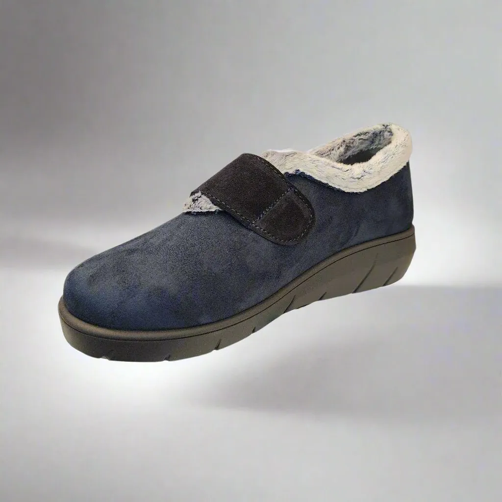 Ladies Fur Trimmed Bedroom Slippers Marine Plumaflex Strap R14117
