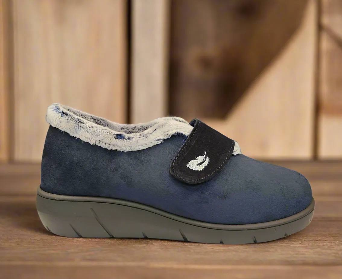 Ladies Fur Trimmed Bedroom Slippers Marine Plumaflex Strap R14117