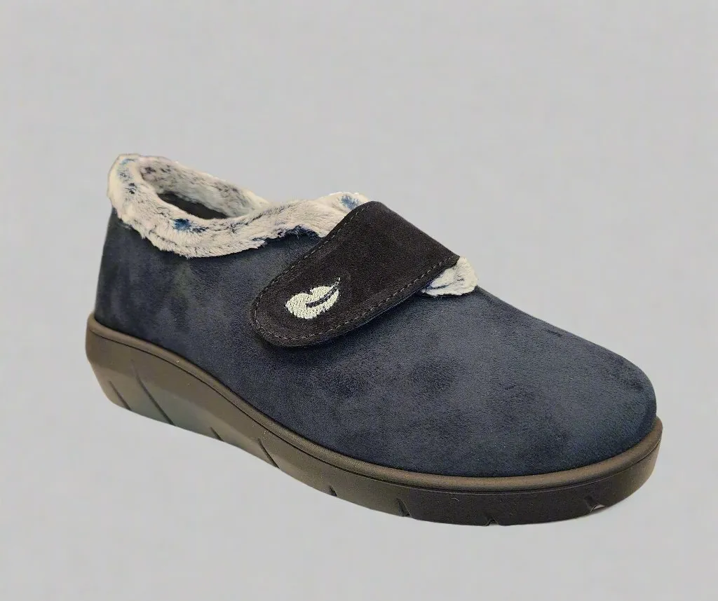 Ladies Fur Trimmed Bedroom Slippers Marine Plumaflex Strap R14117