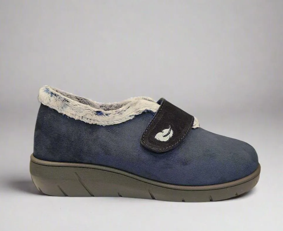 Ladies Fur Trimmed Bedroom Slippers Marine Plumaflex Strap R14117