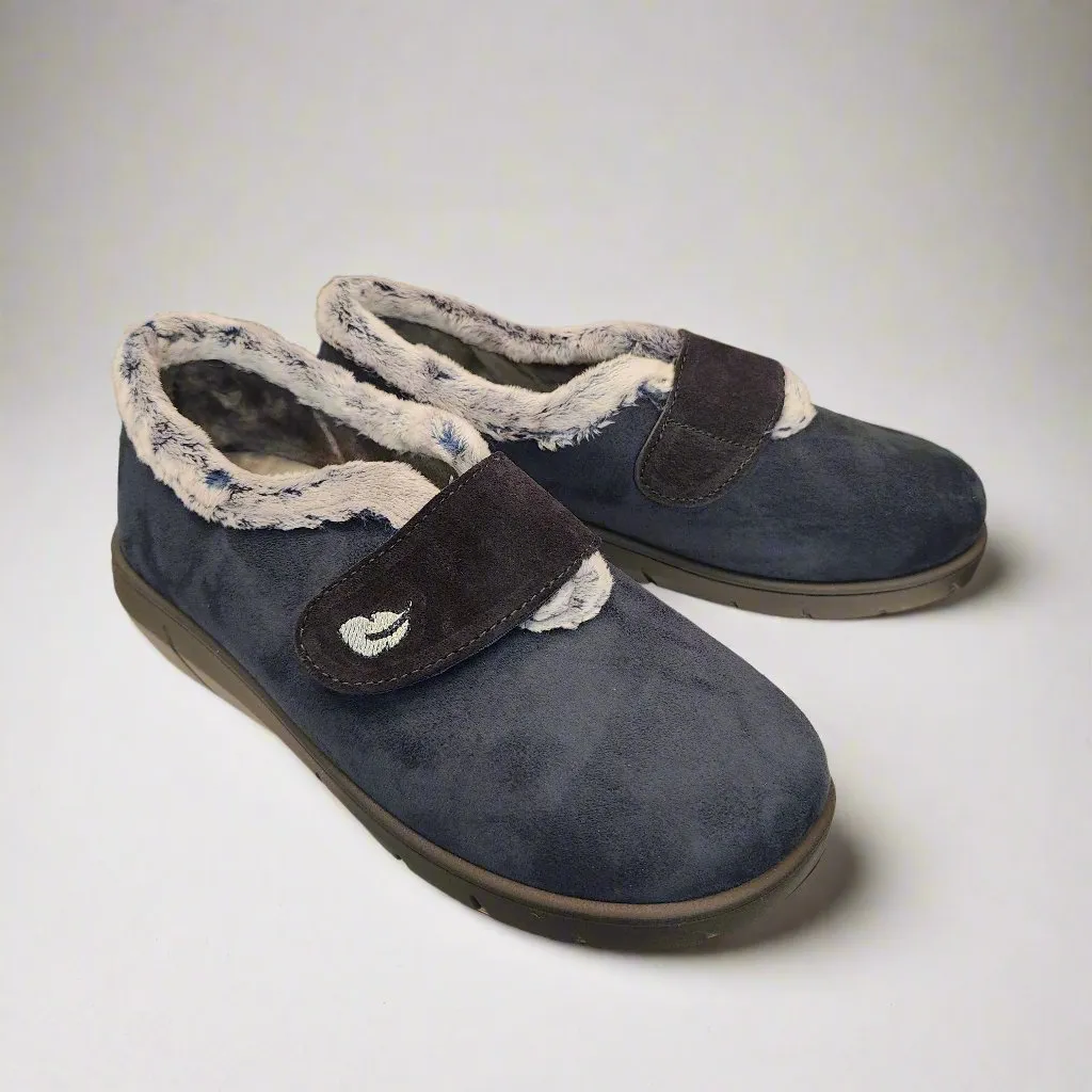 Ladies Fur Trimmed Bedroom Slippers Marine Plumaflex Strap R14117