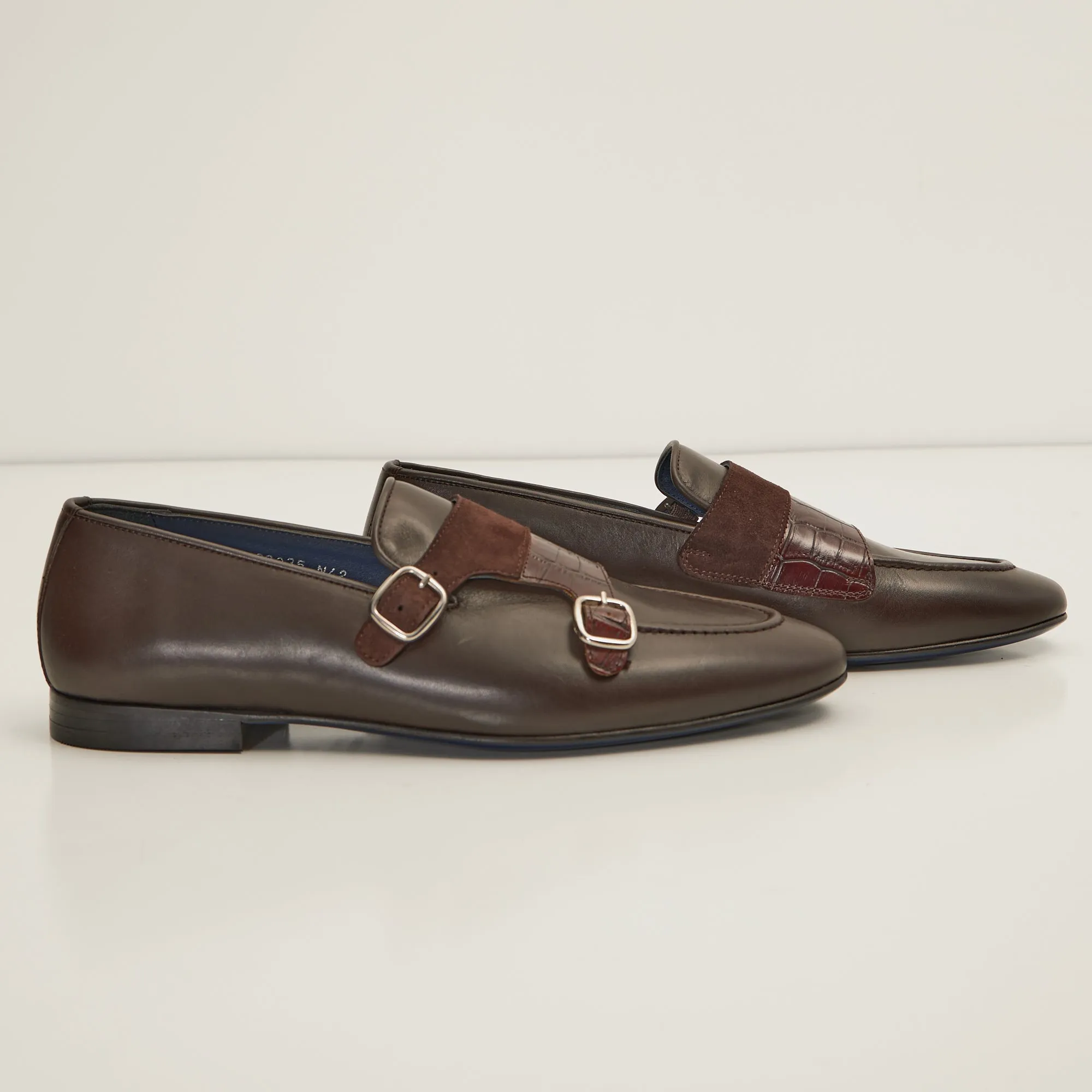 Leather Double Monk Strap Shoes - Brown