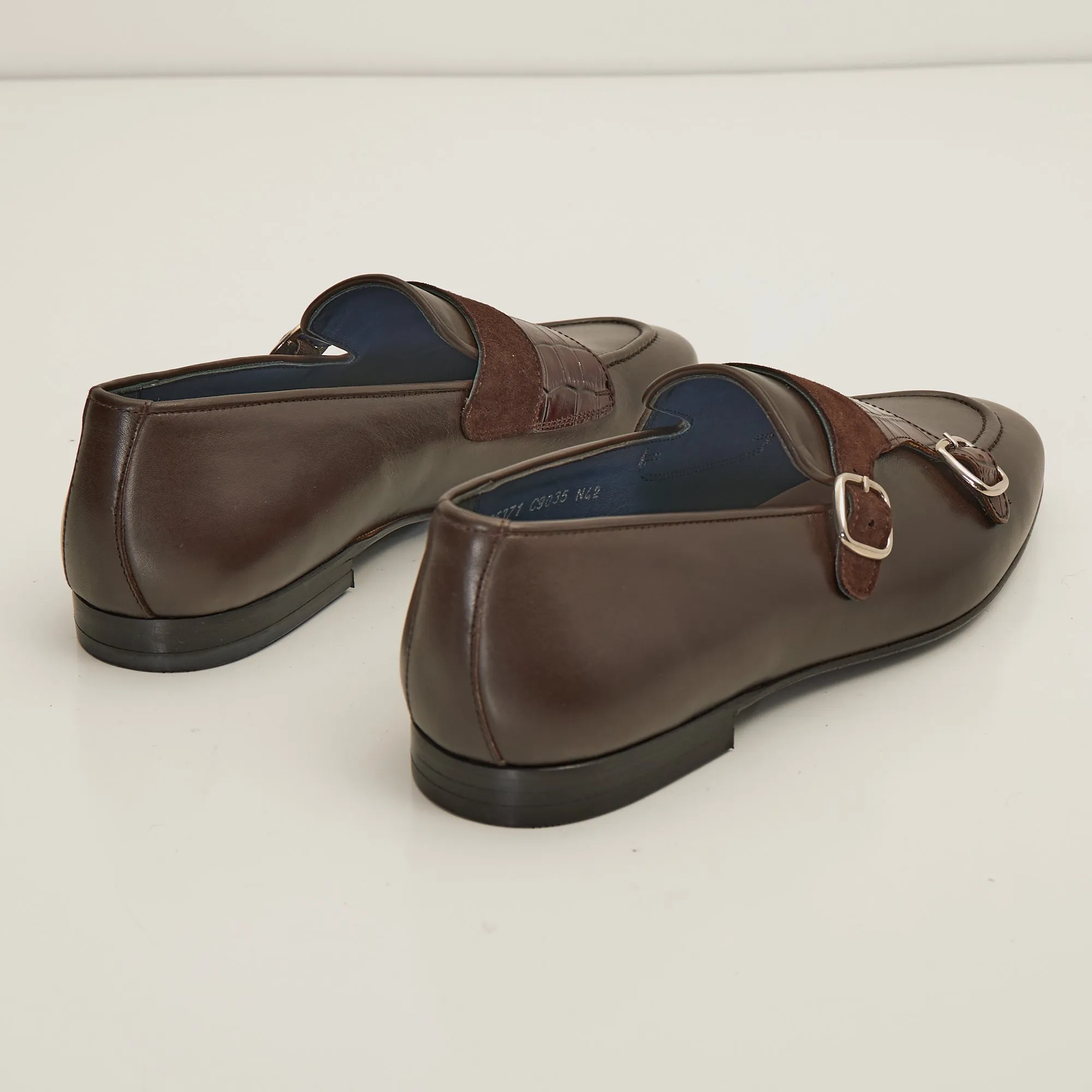 Leather Double Monk Strap Shoes - Brown
