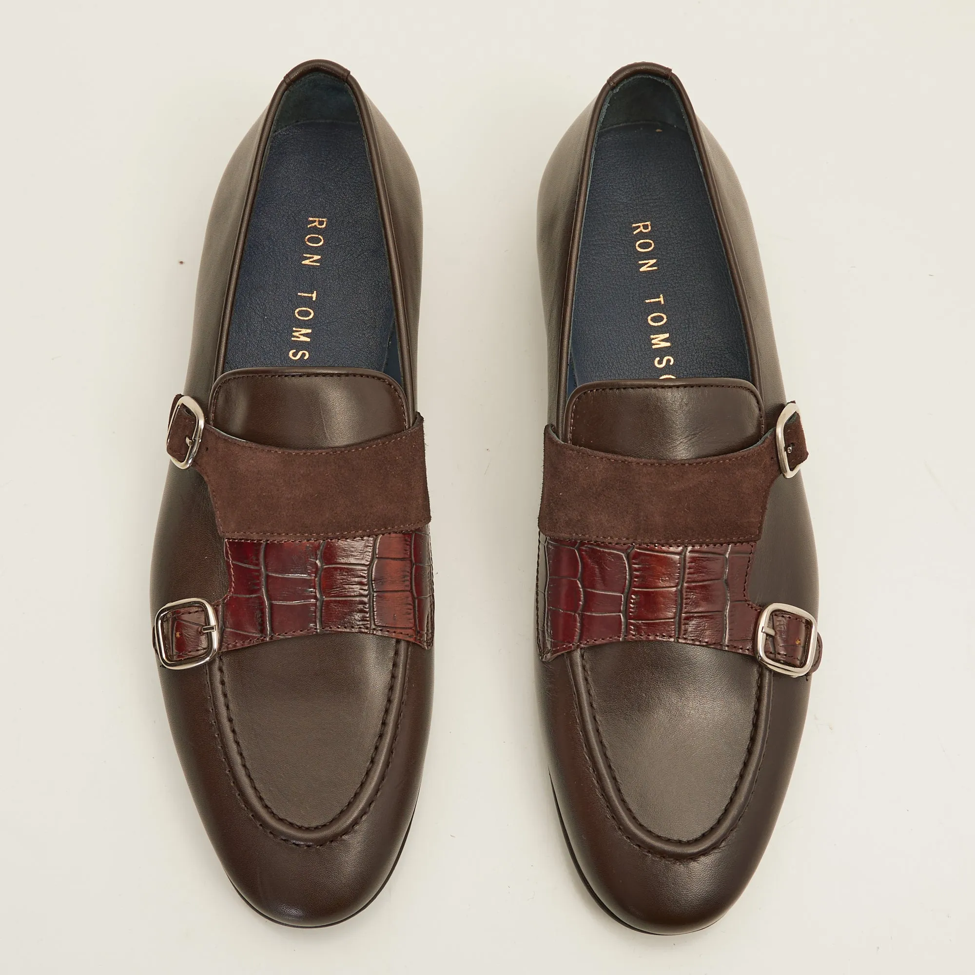 Leather Double Monk Strap Shoes - Brown