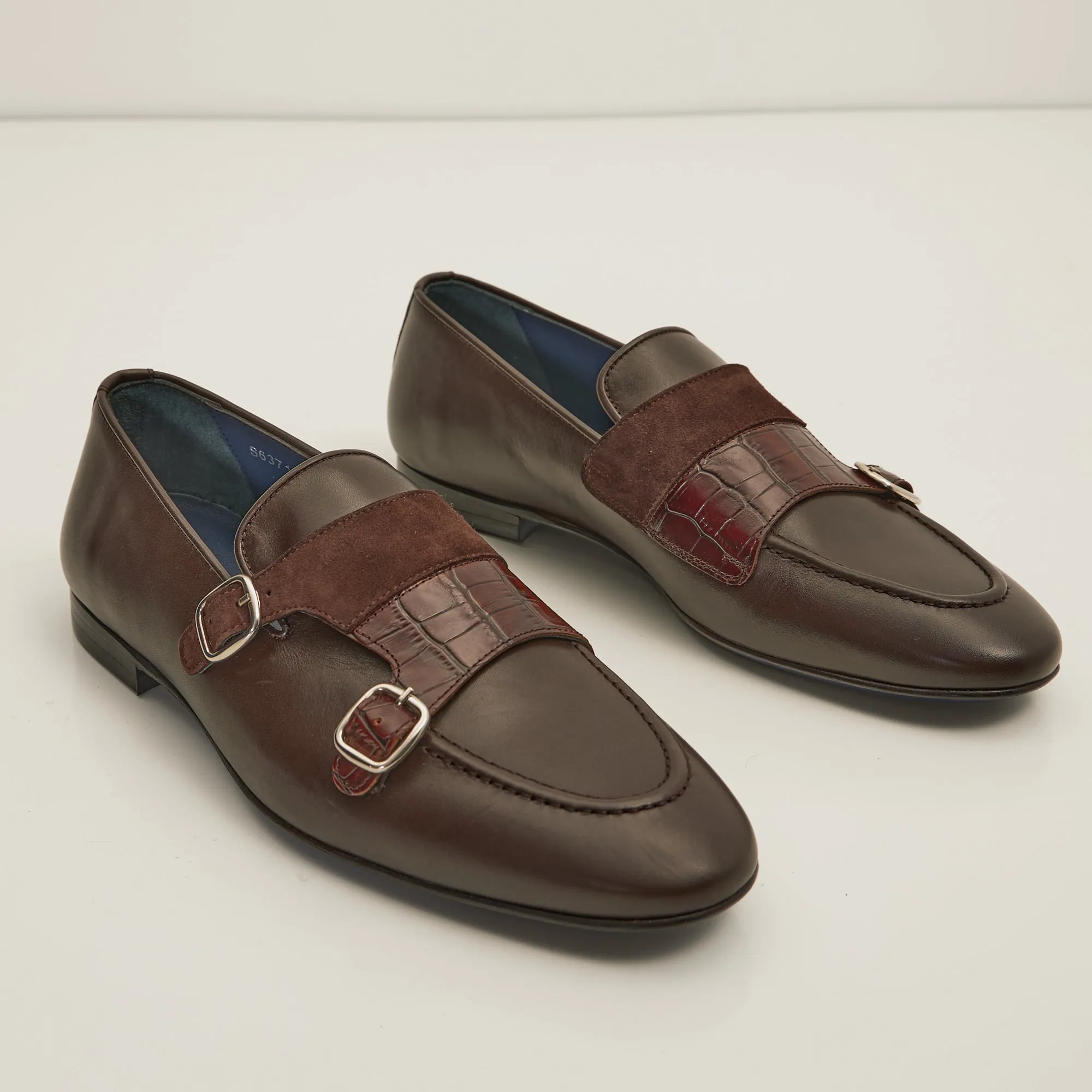 Leather Double Monk Strap Shoes - Brown