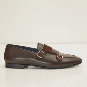 Leather Double Monk Strap Shoes - Brown