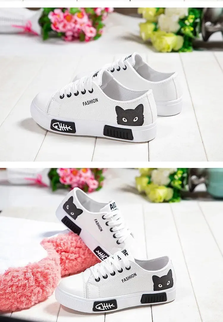 new Women Spring and autumn Cartoon Cat Women Casual Shoes Comfortable Flat Vulcanize Shoes Women Sneakers White Shoes fashion