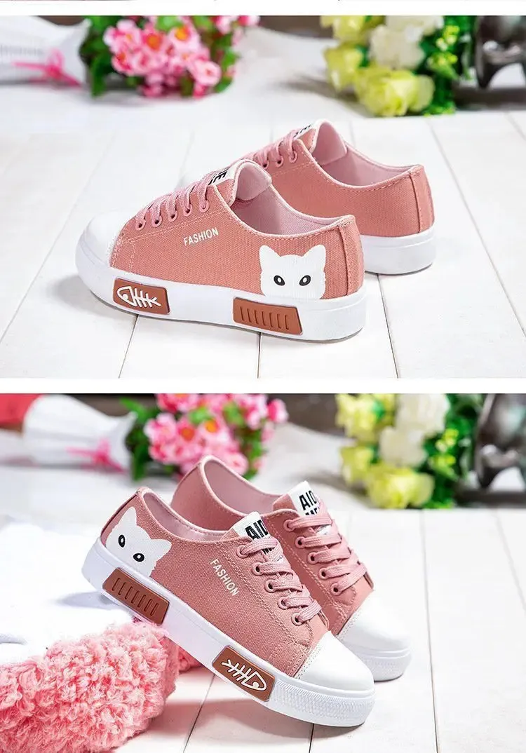 new Women Spring and autumn Cartoon Cat Women Casual Shoes Comfortable Flat Vulcanize Shoes Women Sneakers White Shoes fashion