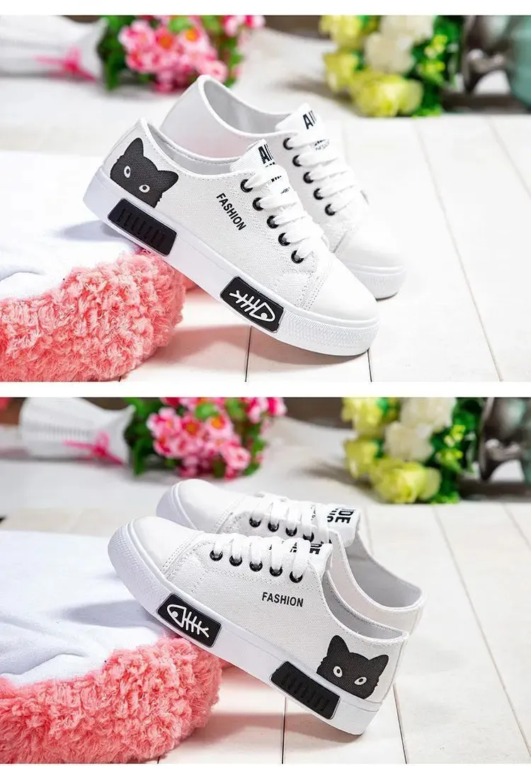 new Women Spring and autumn Cartoon Cat Women Casual Shoes Comfortable Flat Vulcanize Shoes Women Sneakers White Shoes fashion
