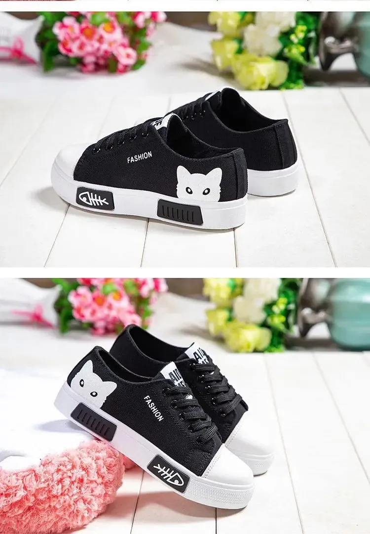 new Women Spring and autumn Cartoon Cat Women Casual Shoes Comfortable Flat Vulcanize Shoes Women Sneakers White Shoes fashion