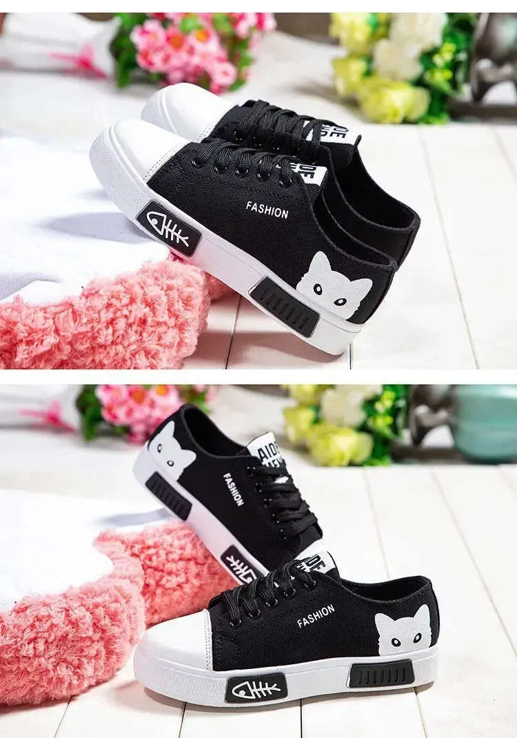 new Women Spring and autumn Cartoon Cat Women Casual Shoes Comfortable Flat Vulcanize Shoes Women Sneakers White Shoes fashion