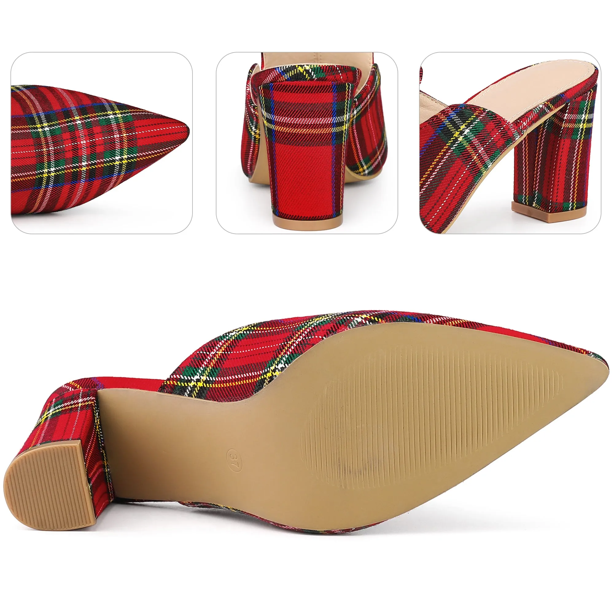 Pointed Toe Slip on Chunky Heels Houndstooth Slide Mules for Women