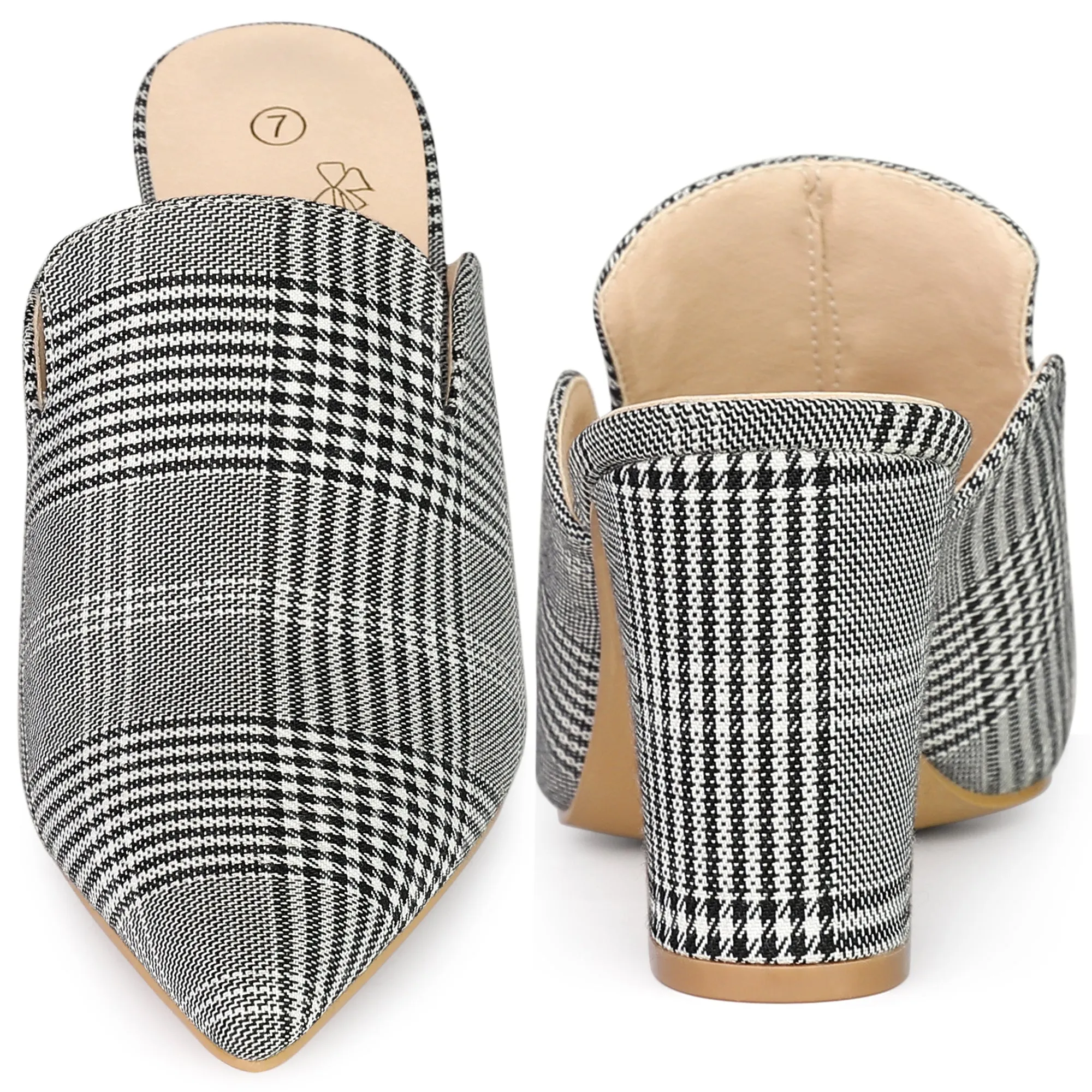 Pointed Toe Slip on Chunky Heels Houndstooth Slide Mules for Women