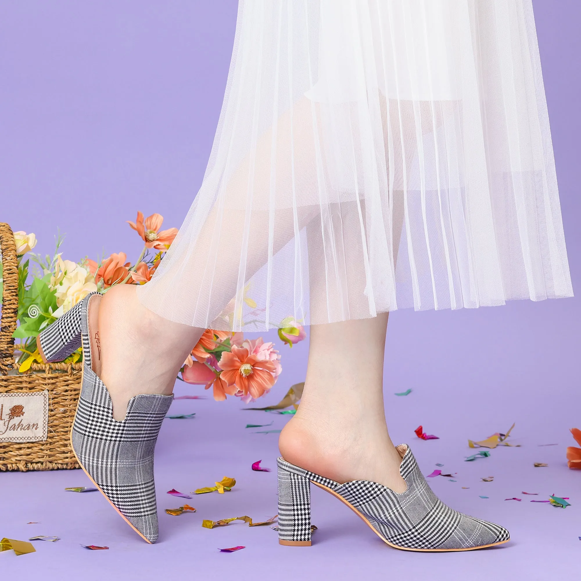 Pointed Toe Slip on Chunky Heels Houndstooth Slide Mules for Women