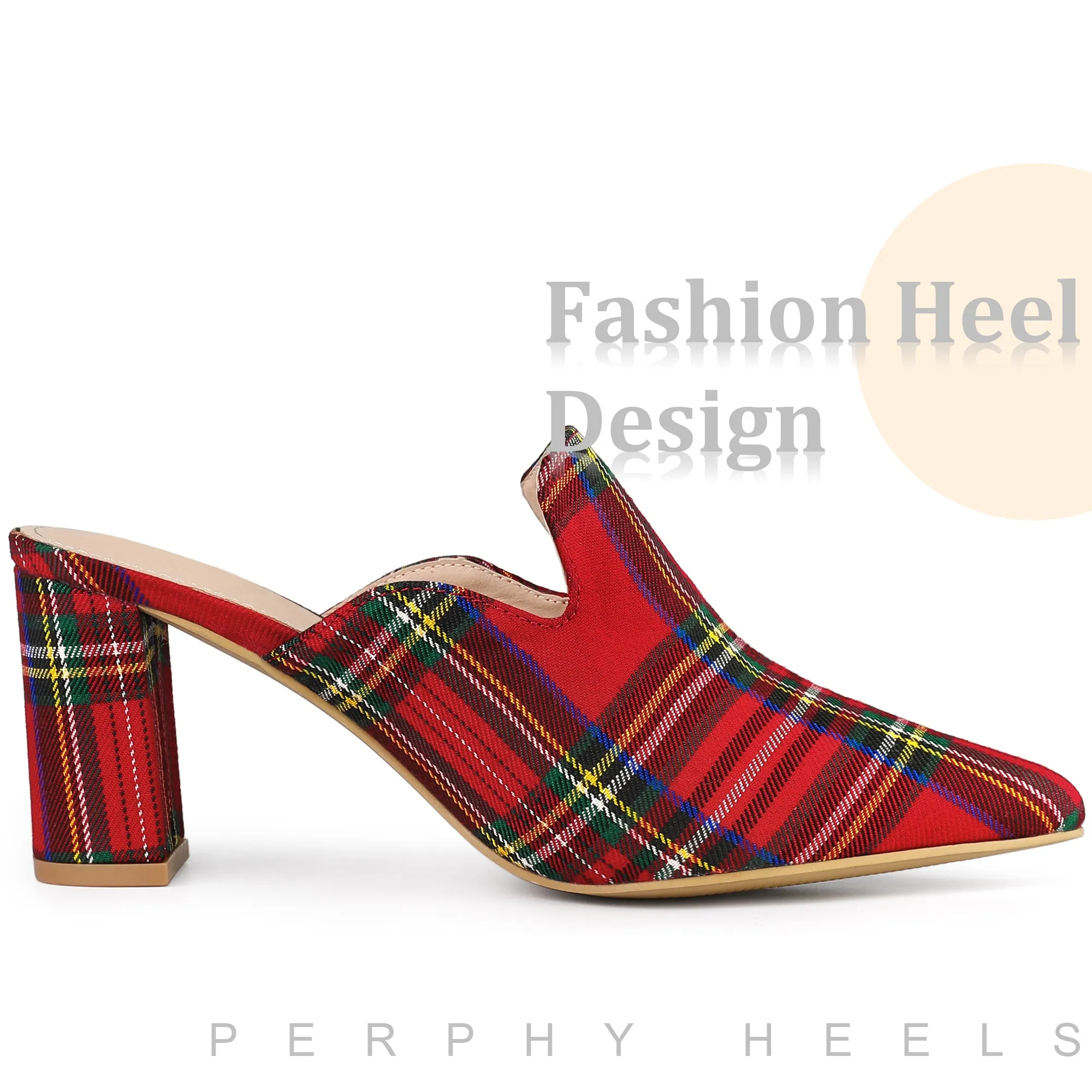 Pointed Toe Slip on Chunky Heels Houndstooth Slide Mules for Women