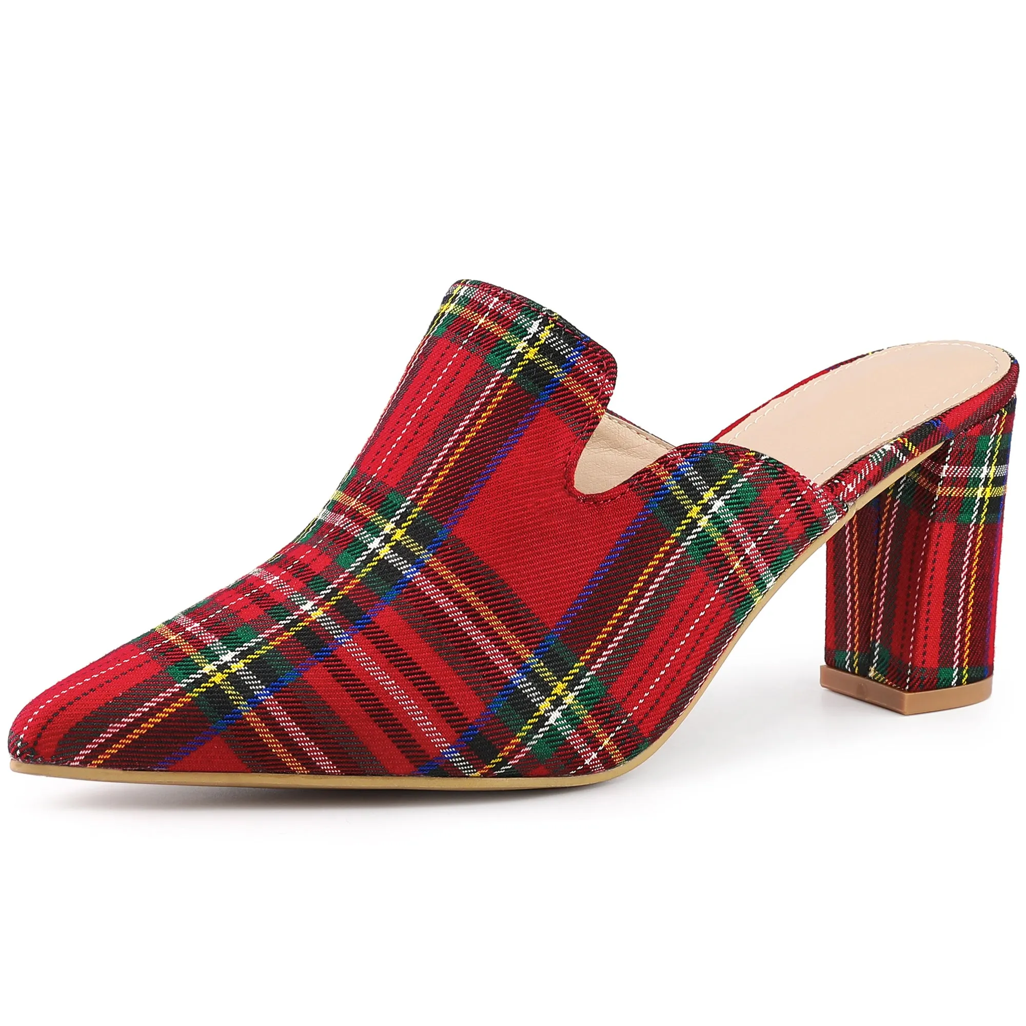 Pointed Toe Slip on Chunky Heels Houndstooth Slide Mules for Women