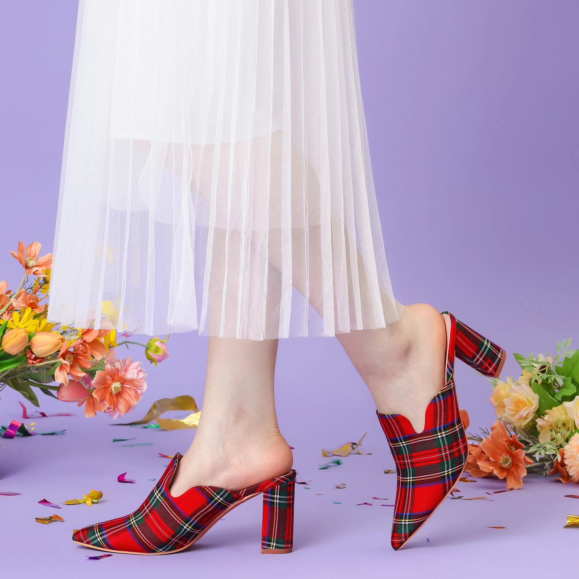 Pointed Toe Slip on Chunky Heels Houndstooth Slide Mules for Women