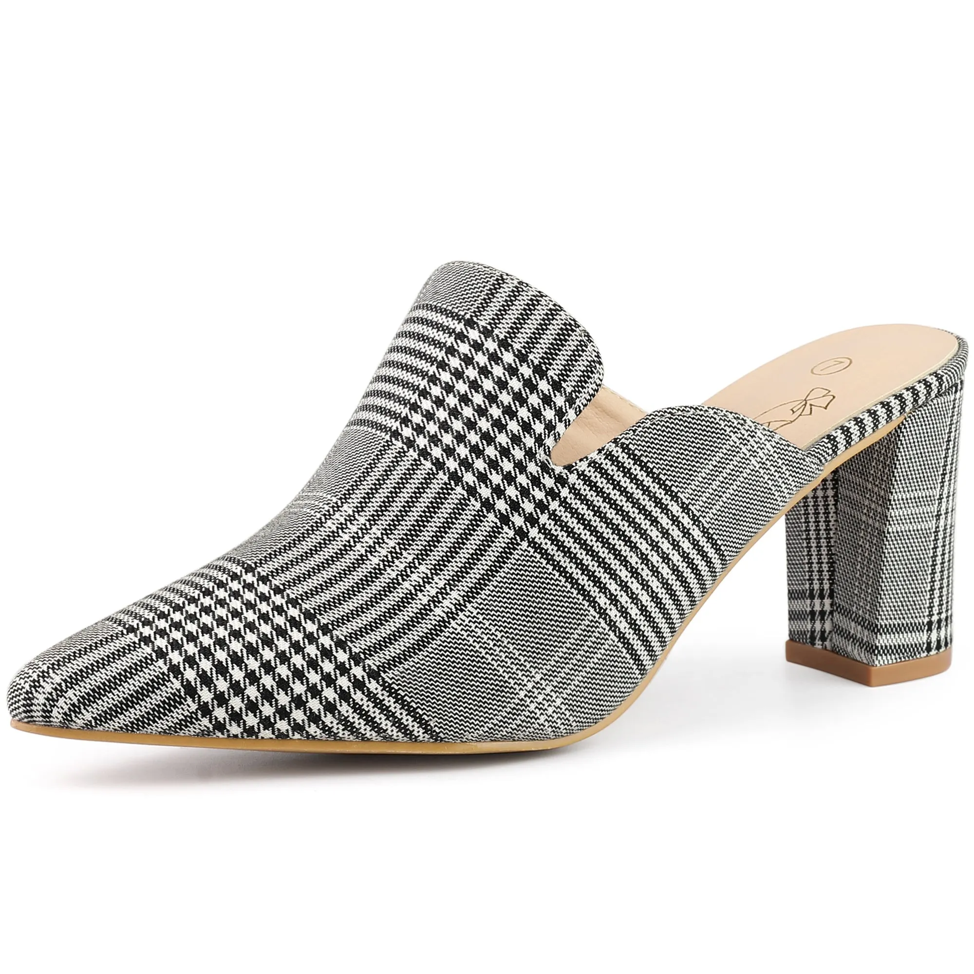 Pointed Toe Slip on Chunky Heels Houndstooth Slide Mules for Women