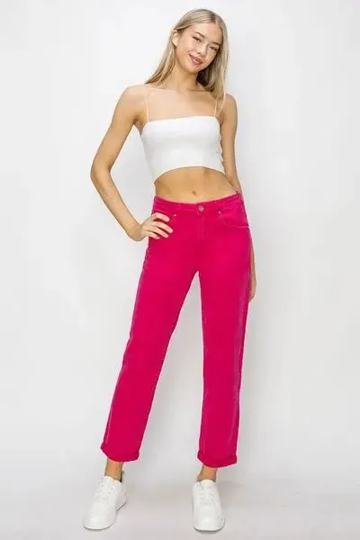 Risen Fuschia High Waist Rolled Hem Straight Jeans