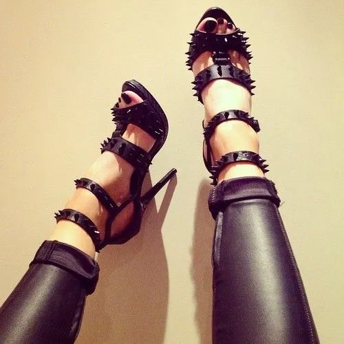 Seductive Pure Cowhide Texture and Rivets High Heel Sandals