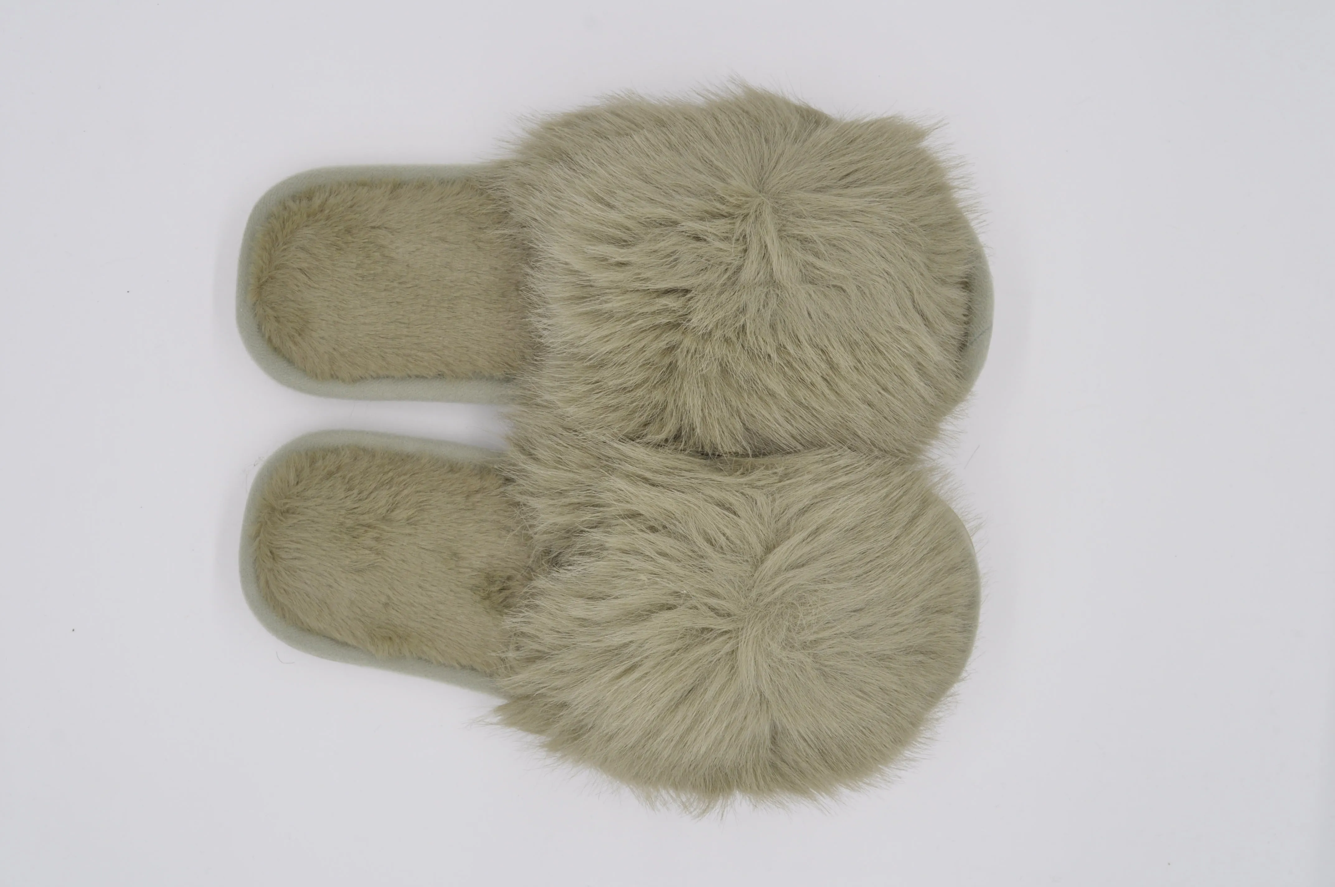 Womens Open Toe Light Green Slippers with Fluffy Cuff | 36P-LGR